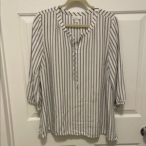 J Jill Blouse Top Large Black White Stripe V Neck tie  Elbow Sleeve Rayon